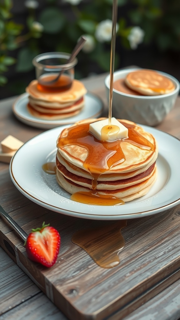 A stack of coconut flour pancakes topped with a pat of butter and syrup, with a strawberry on the side.