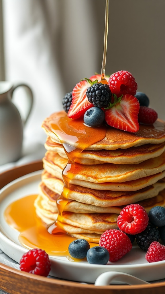 A stack of coconut flour pancakes topped with strawberries, blueberries, blackberries, and raspberries, drizzled with syrup.