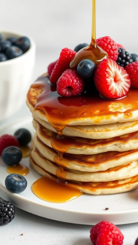 Stack of coconut flour pancakes topped with fresh berries and sugar-free syrup