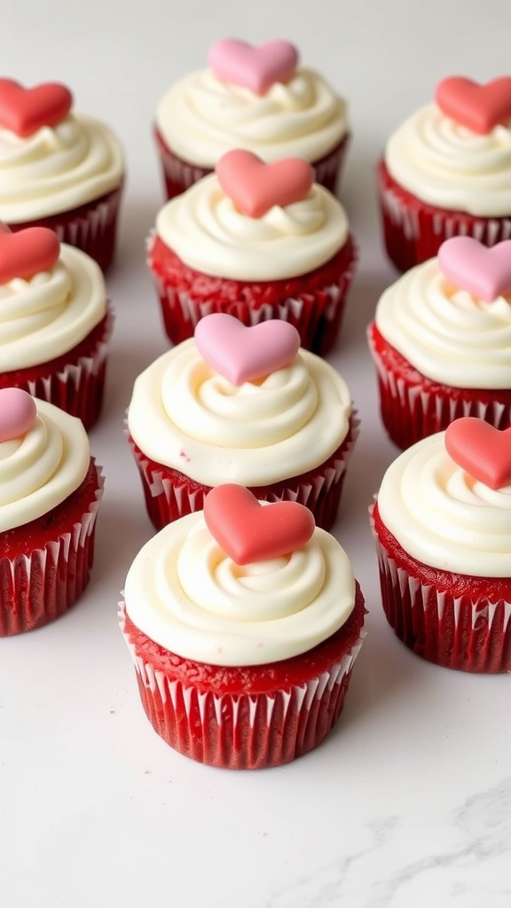 Delicious red velvet cupcakes with white frosting and heart-shaped decorations on top.