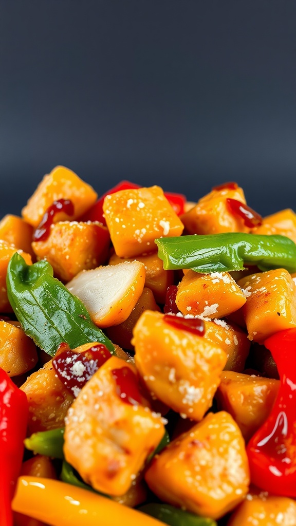 Coconut flour sweet and sour chicken with colorful peppers and green vegetables