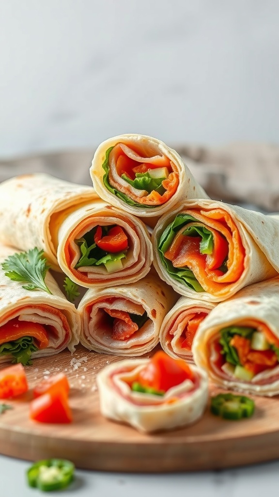 Delicious coconut flour tortilla roll-ups filled with fresh vegetables and meats.