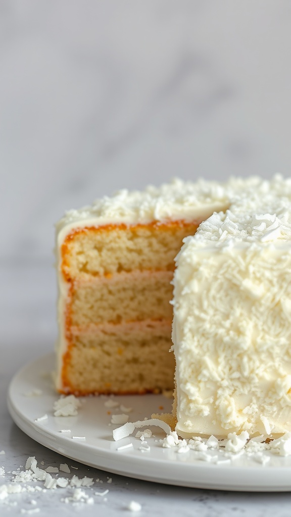 A coconut flour vanilla cake with a slice cut out, showing a light and fluffy inside, topped with shredded coconut.