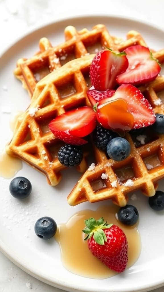 Coconut flour waffles topped with strawberries, blueberries, and syrup on a plate.