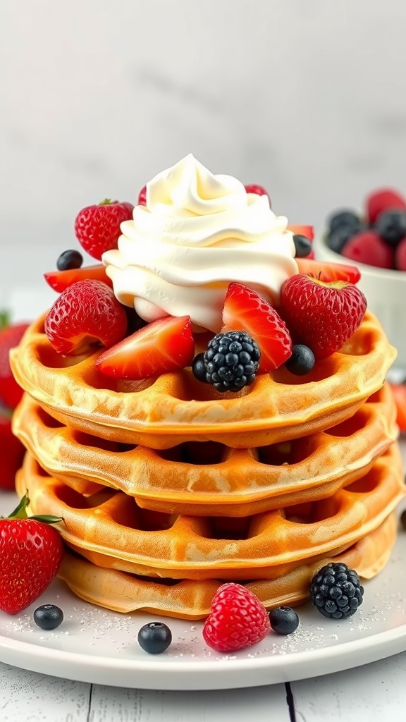 A stack of coconut flour waffles topped with fresh strawberries, blackberries, and whipped cream.