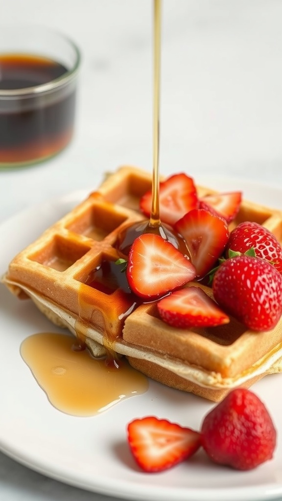 Plate of coconut flour waffles topped with strawberries and syrup