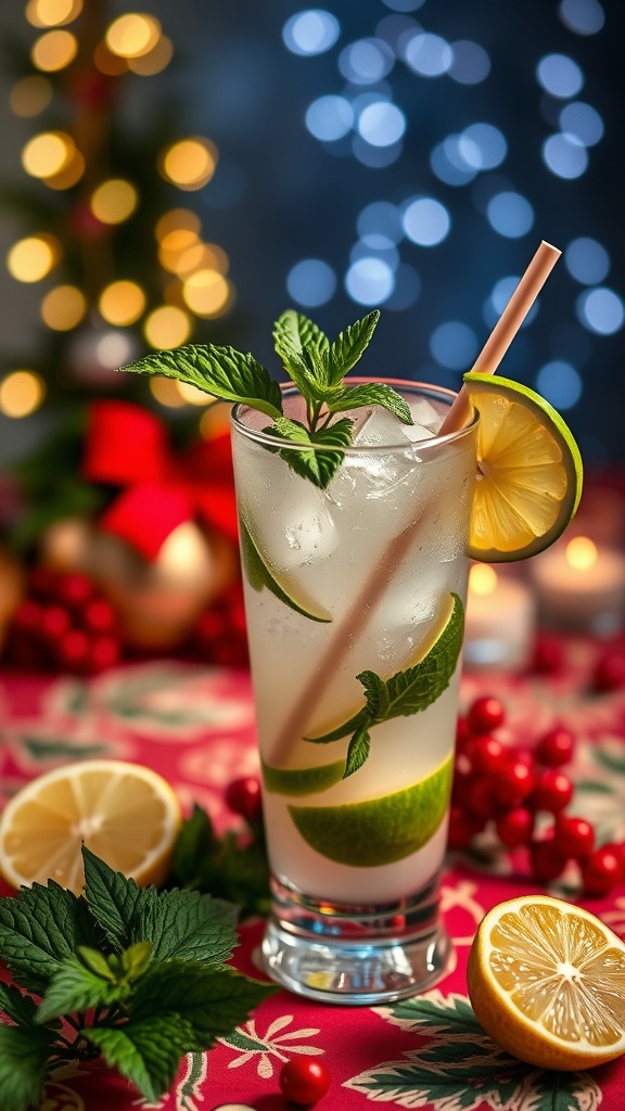 A refreshing Coconut Lime Mojito with mint and lime, set against a festive background.