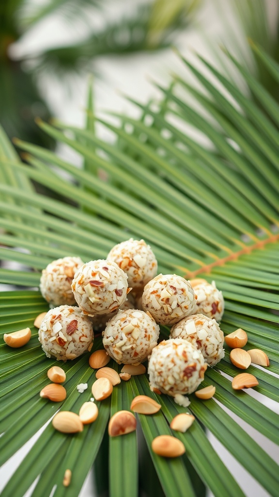 Coconut macadamia nut energy bites on a green palm leaf.