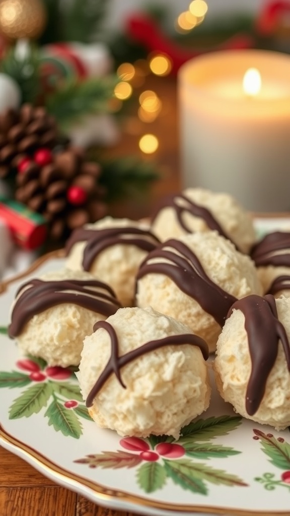 A plate of coconut macaroons drizzled with dark chocolate, surrounded by festive decorations.