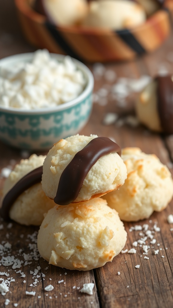 Coconut macaroons topped with dark chocolate on a wooden table.