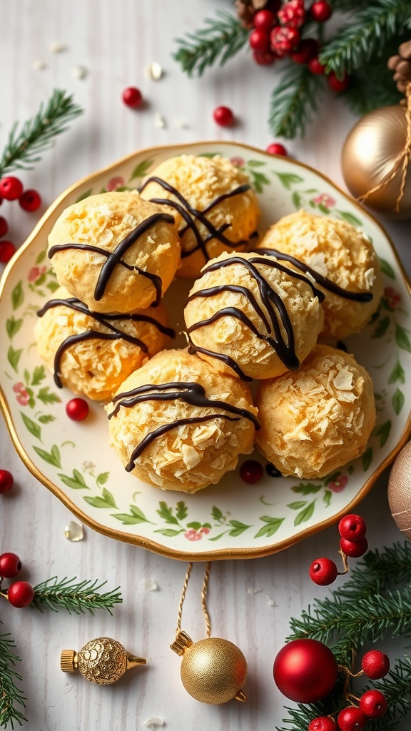 A plate of coconut macaroons drizzled with dark chocolate, decorated with holiday ornaments.