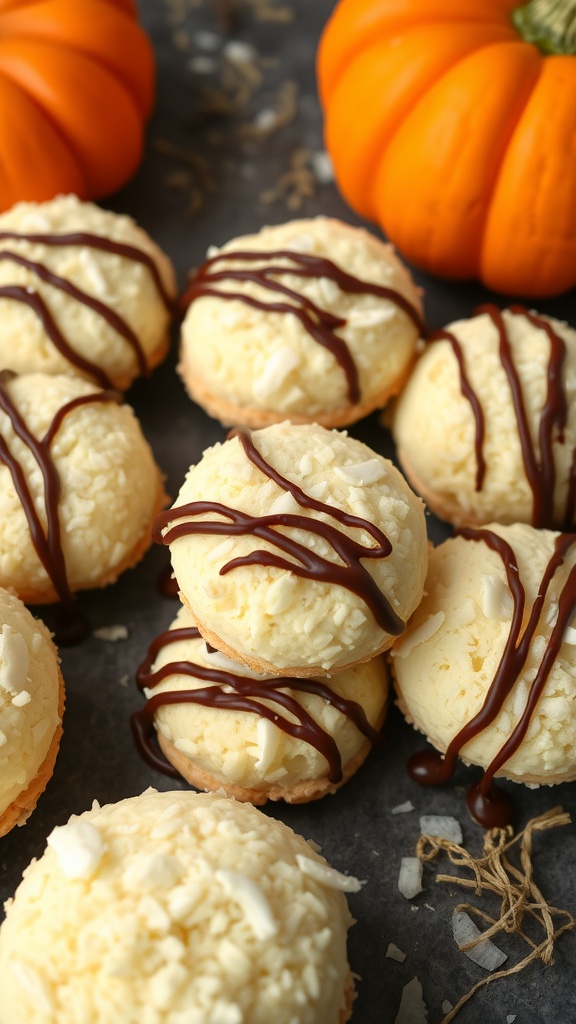 Delicious coconut macaroons drizzled with sugar-free chocolate, surrounded by pumpkins.