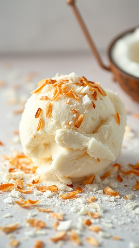 A scoop of coconut milk vanilla ice cream with toasted coconut flakes on top.