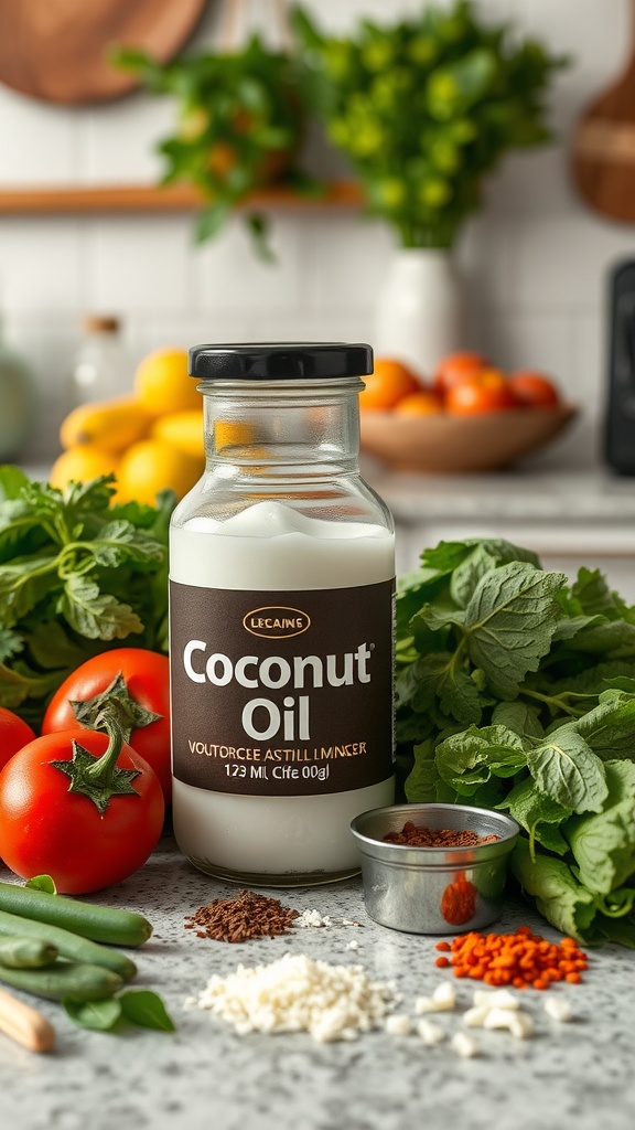 Bottle of coconut oil surrounded by fresh vegetables and spices on a kitchen counter.