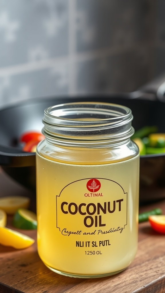 A jar of coconut oil on a kitchen counter with fresh vegetables in the background.