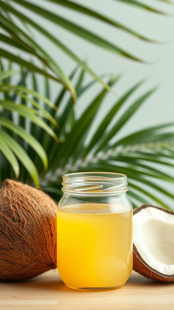 A jar of coconut oil surrounded by coconuts and palm leaves.