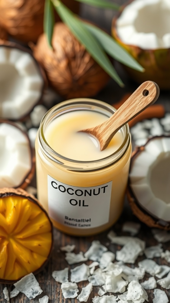 A jar of coconut oil surrounded by coconut halves and flakes.