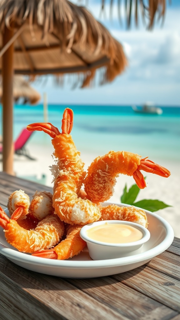 Plate of coconut shrimp with spicy aioli, set against a beach background