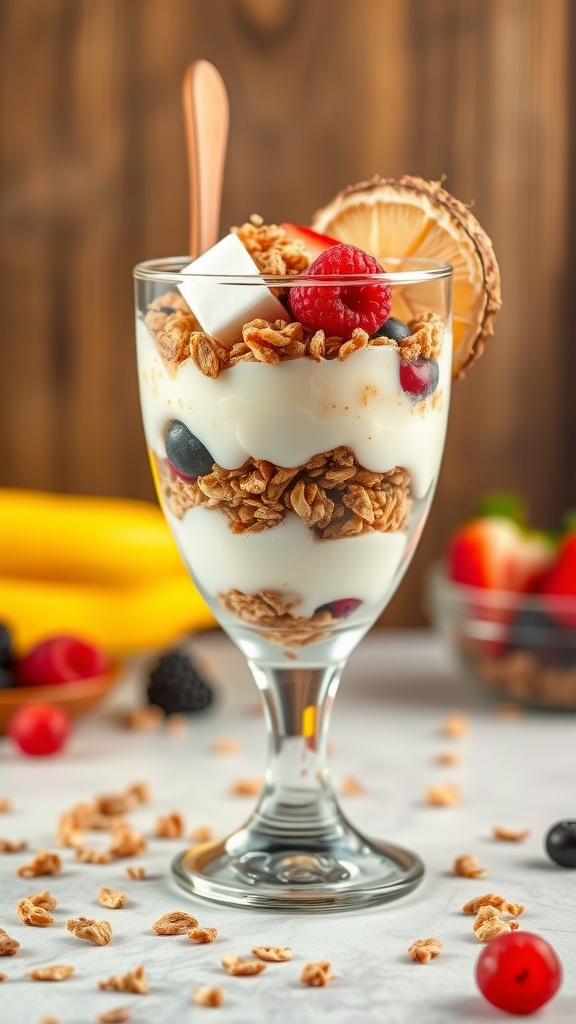 A coconut yogurt parfait layered with granola and fresh berries in a glass.