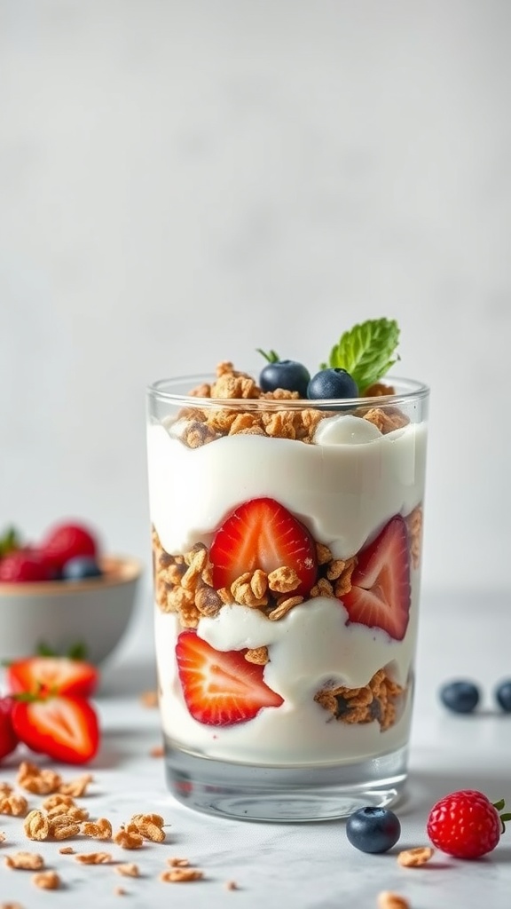 A delicious coconut yogurt parfait with strawberries, blueberries, and granola in a glass.