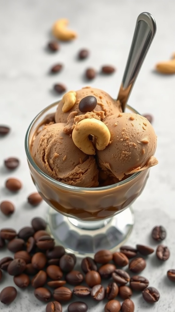 A bowl of coffee infused cashew ice cream topped with cashew nuts and coffee beans.
