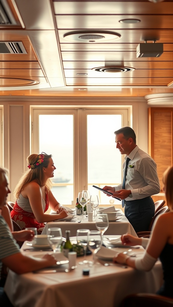 Dining experience on a cruise ship with guests and staff discussing meal options.