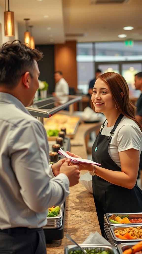 A person talking to a staff member at a buffet.