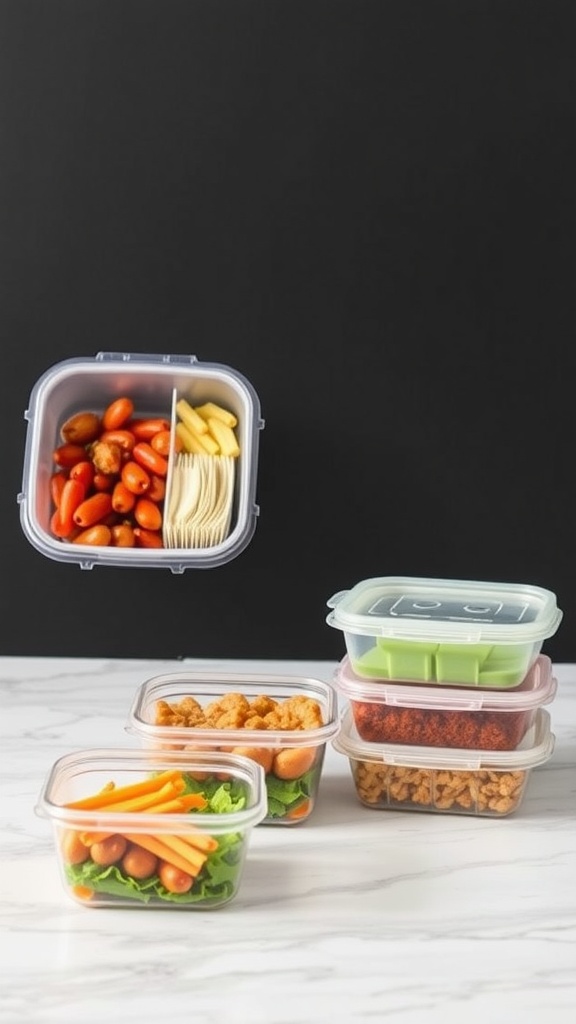 An assortment of meal prep containers with various colorful foods inside.