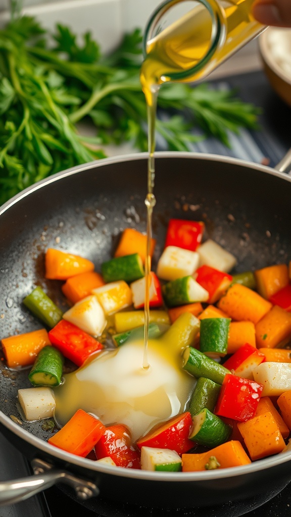 A hand pouring coconut oil into a pan filled with colorful diced vegetables.