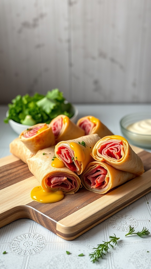 Corned beef and cabbage roll-ups on a wooden cutting board with a bowl of greens and sauce