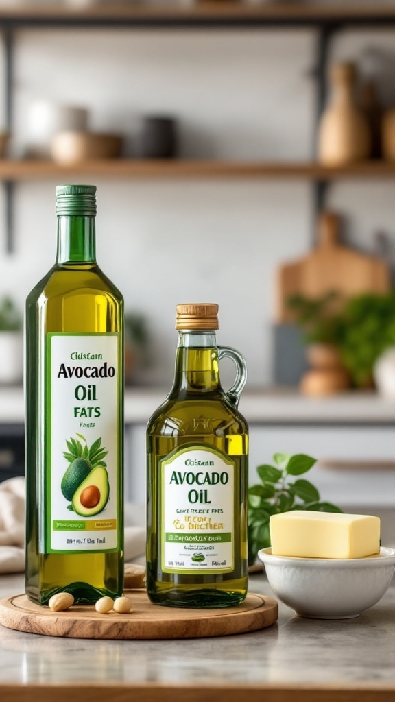 Bottles of avocado oil, soy oil, and olive fats with butter and fresh ingredients on a kitchen counter.