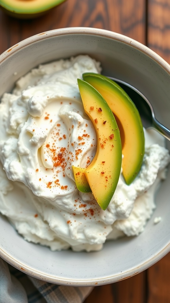 A bowl of cottage cheese topped with avocado slices and a sprinkle of seasoning.