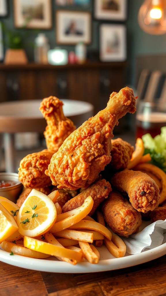 A plate of crispy fried chicken with lemon slices and fries on a wooden table.