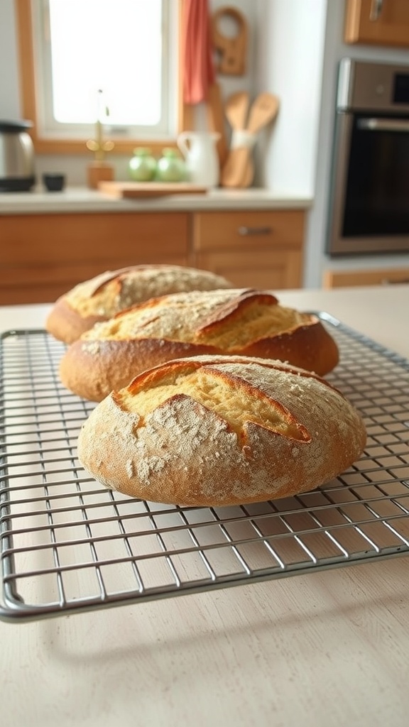 Freshly baked keto bread cooling on a wire rack in a cozy kitchen