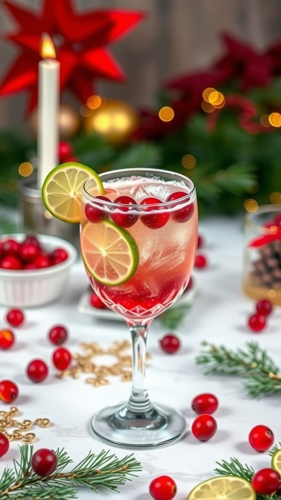 A sparkling cocktail with cranberries and lime garnished with slices of lime.