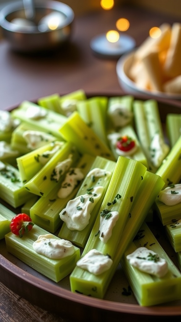 Plate of celery sticks filled with cream cheese and garnished with herbs