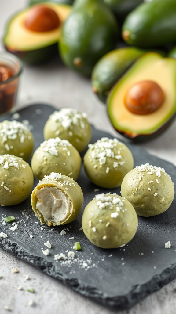 Plate of cream cheese and avocado fat bombs with shredded coconut on top