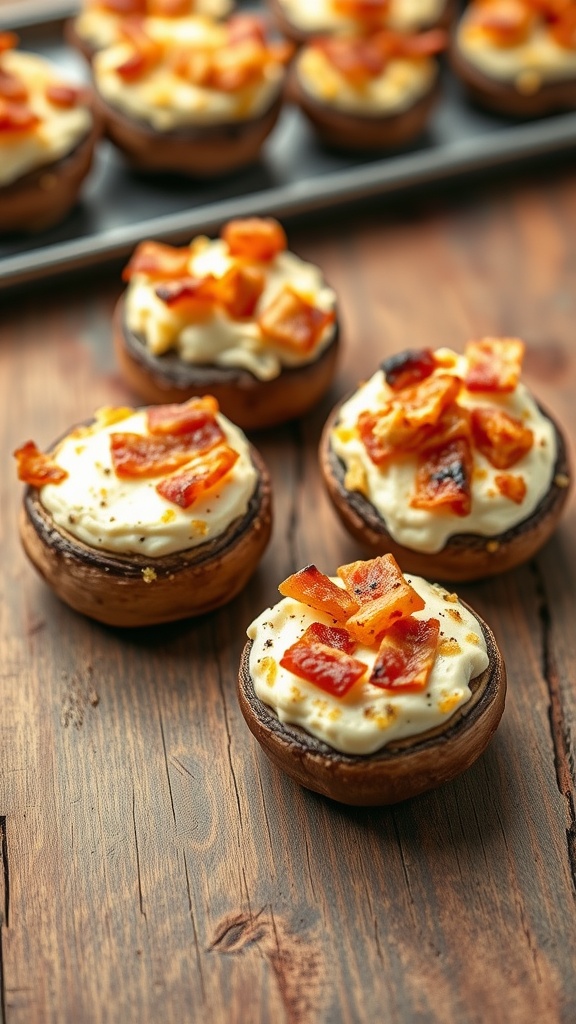 Cream cheese and bacon stuffed mushrooms on a wooden table.