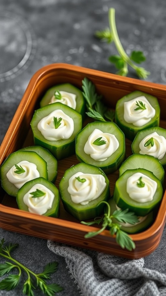 A wooden container filled with cucumber slices topped with cream cheese and garnished with parsley.