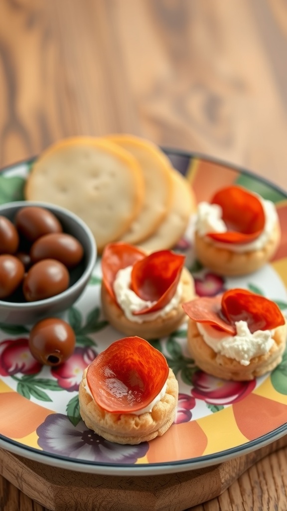 A plate of cream cheese and pepperoni bites with olives and cheese slices.