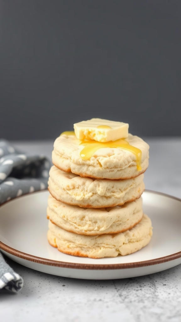 A stack of cream cheese biscuits topped with butter and melted butter, placed on a white plate.