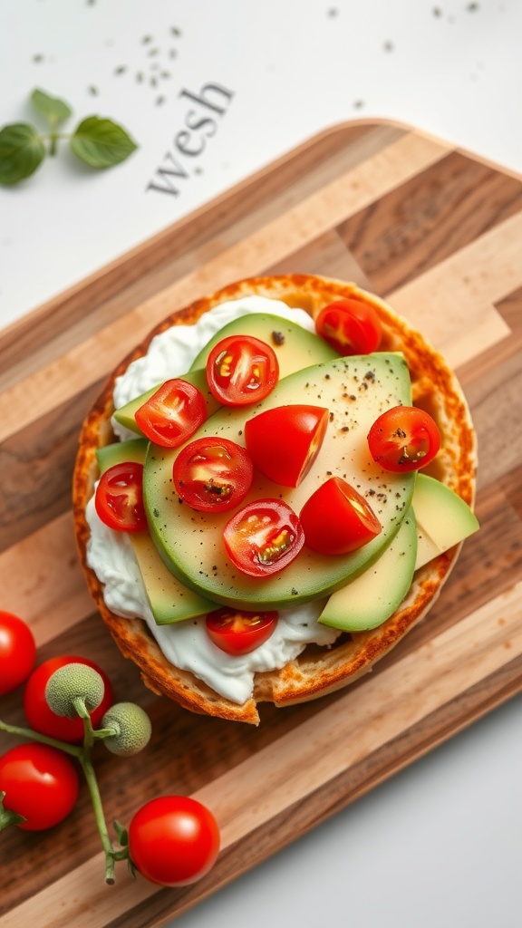 A cream cheese chaffle topped with sliced cucumbers, cherry tomatoes, and a dollop of cream cheese on a wooden cutting board.