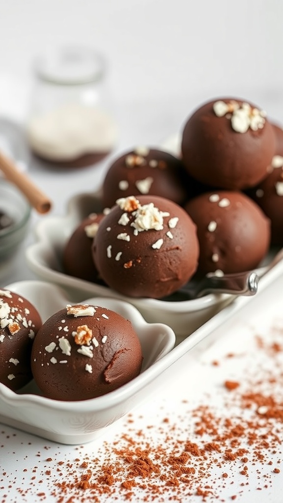 A platter of chocolate fat bombs topped with nuts, sprinkled with spice.