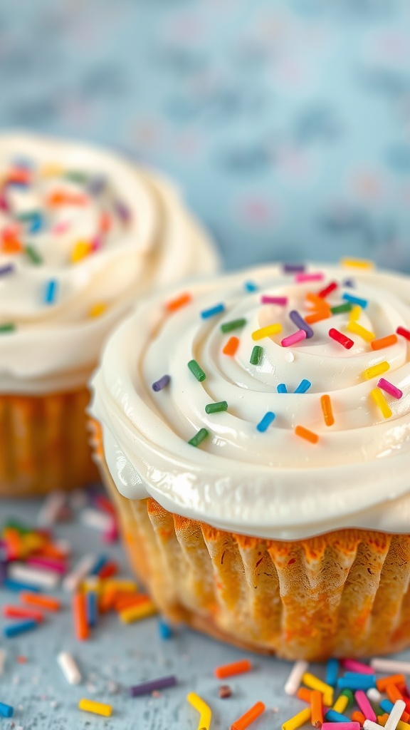 A hand spreading cream cheese frosting on a cake decorated with colorful sprinkles.