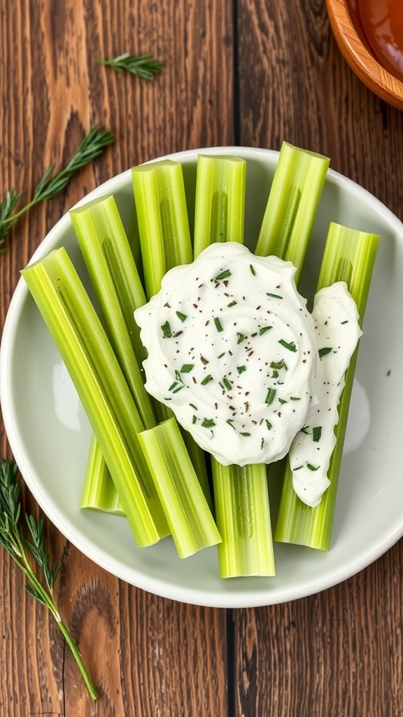 Celery sticks stuffed with cream cheese on a plate