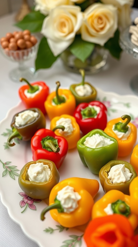 A platter of colorful bell peppers stuffed with cream cheese.