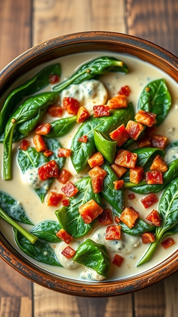 Creamed spinach with bacon in a bowl, garnished with diced bacon and fresh spinach