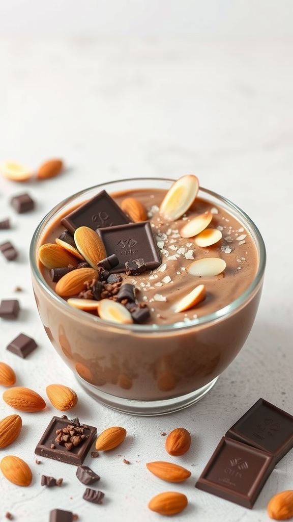 A delicious creamy almond joy smoothie bowl topped with almonds and chocolate.