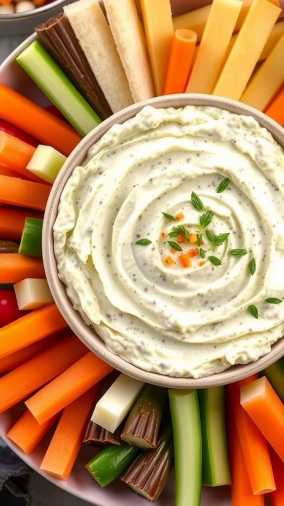 A bowl of creamy artichoke dip surrounded by colorful fresh veggies like celery, carrots, and bell peppers.