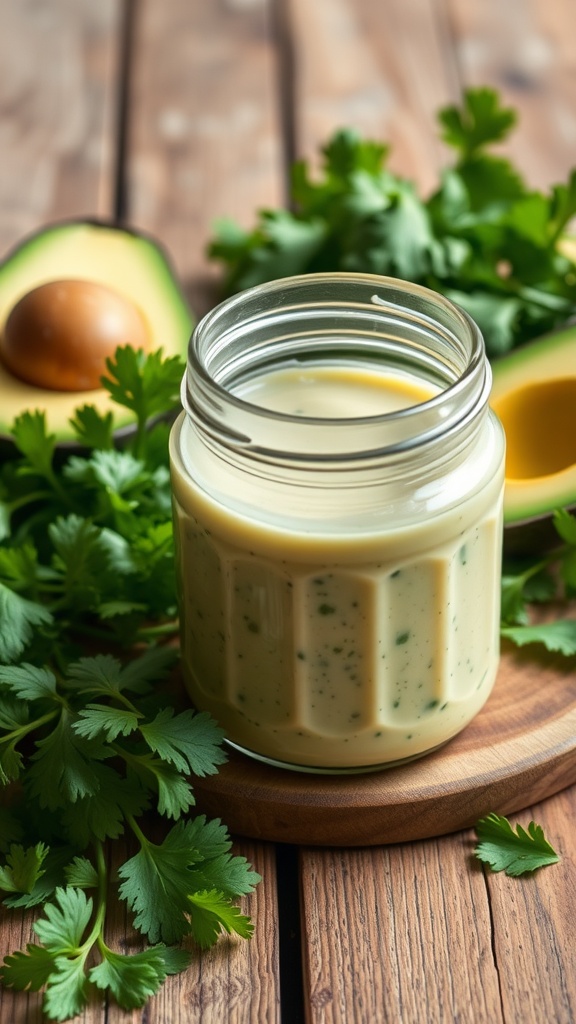 A jar of creamy avocado and cilantro dressing surrounded by fresh cilantro and halved avocados on a wooden table.